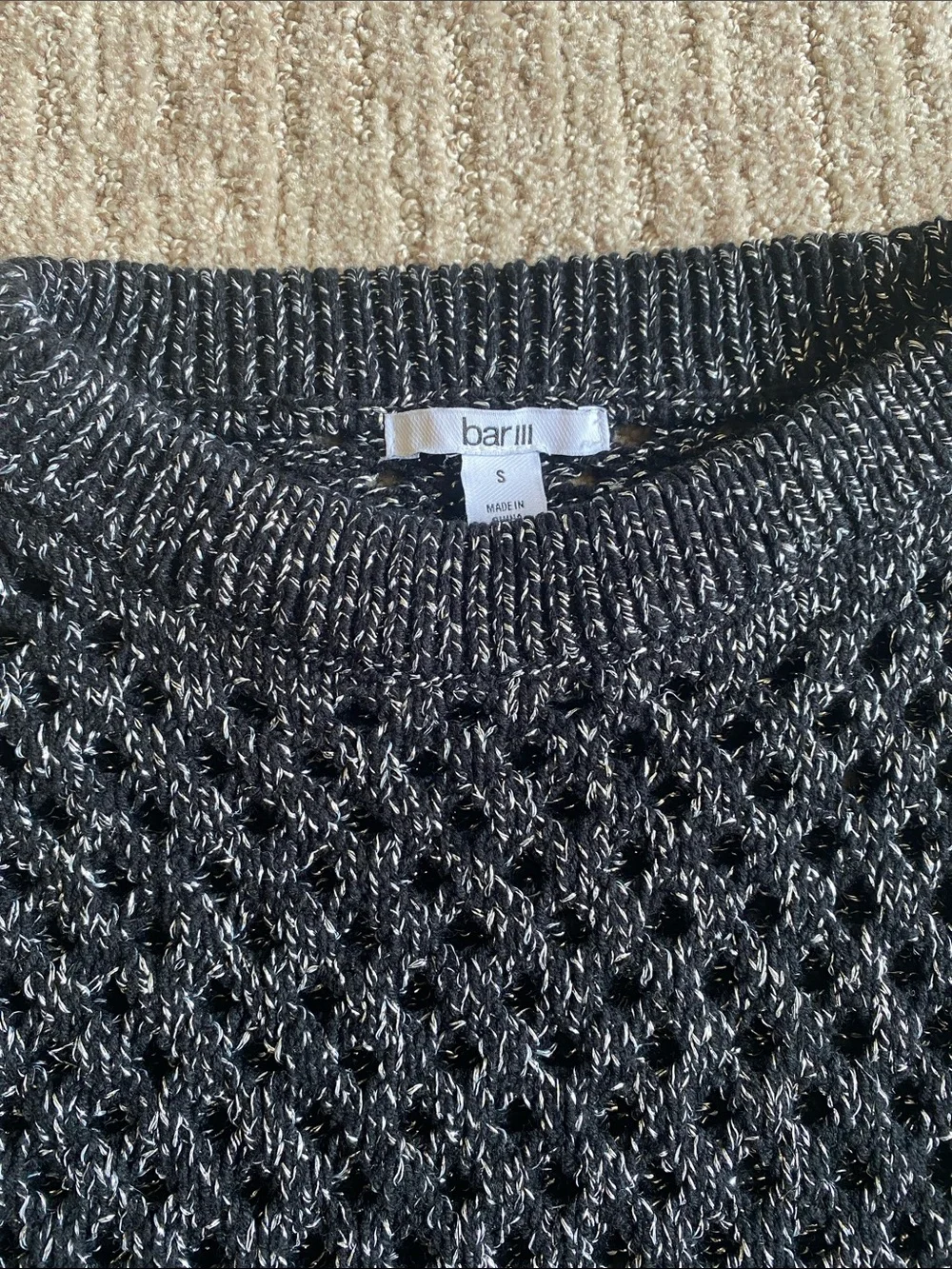Bar III Metallic Silver and Black Crochet Crewneck Oversized Slouchy Sweater